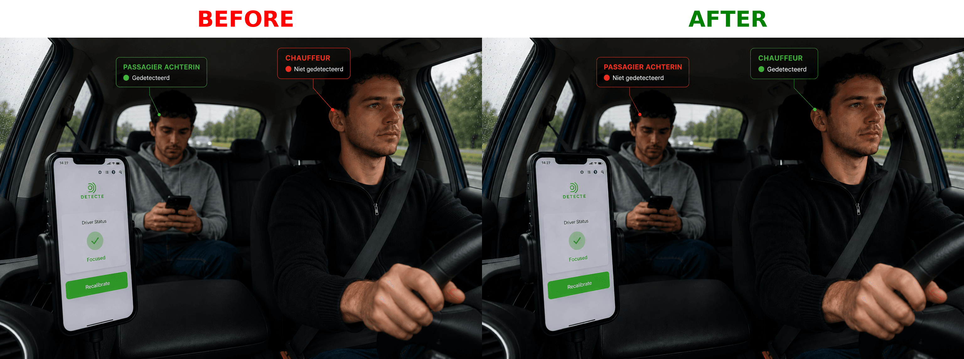 Backseat Bug - Voor- en na-screenshot van bestuurderdetectie